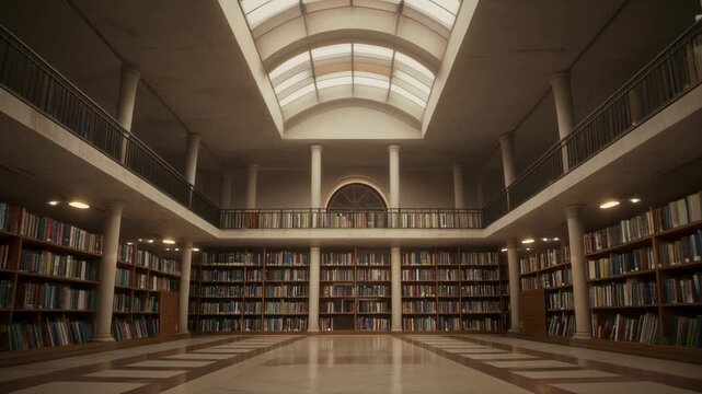 A grand, empty library hall with a high arched skylight, two levels of bookshelves, and classical architectural details.