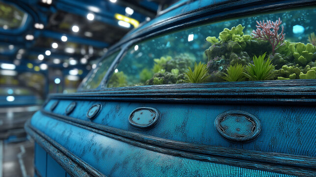 Futuristic indoor aquarium with coral and plants inside a high tech blue metallic structure in a sci fi environment.