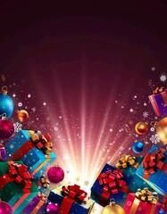 Festive Christmas background featuring bursting gift boxes and glowing snowflake ambience