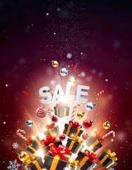 Festive Christmas background featuring bursting gift boxes and glowing snowflake ambience