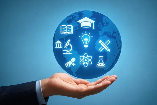 Business professional holding a glowing globe of educational symbols, representing the global pursuit of knowledge, innovation, and academic achievement. Concept of learning, growth, and development.