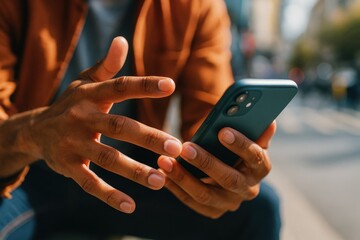 Individual engaged in smartphone interaction, showcasing digital communication and connectivity. Concept of technology, social media, and modern lifestyle in urban settings.