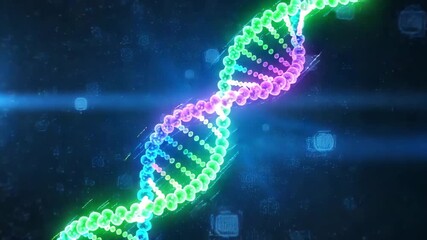 Abstract glowing dna double helix structure with vibrant neon colors on a dark background - Powered by Adobe