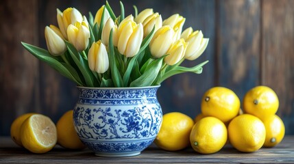 Yellow tulips in blue vase, lemons on wooden surface. Still life arrangement. Possible use Interior decor or floral design