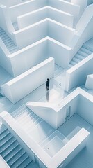Businessman in vast white minimalist maze. Abstract architectural concept of challenge, decision-making, and future path.