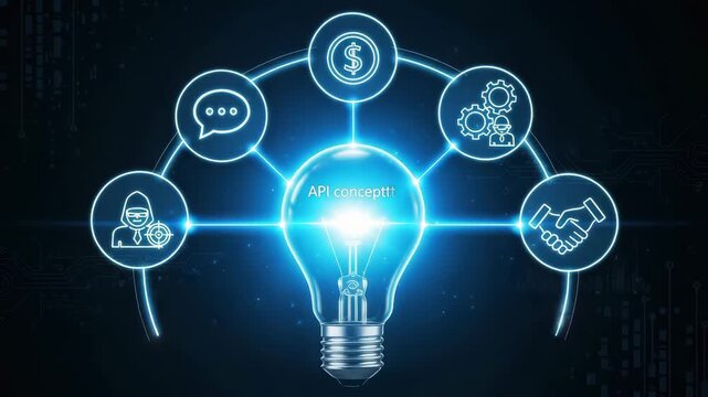 Api concept lightbulb with icons representing communication, finance, teamwork, and partnership
