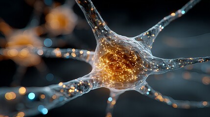 Digital neuron close-up, illustrating AI, neural network, and brain activity concepts. Glowing data signals for science or technology background.