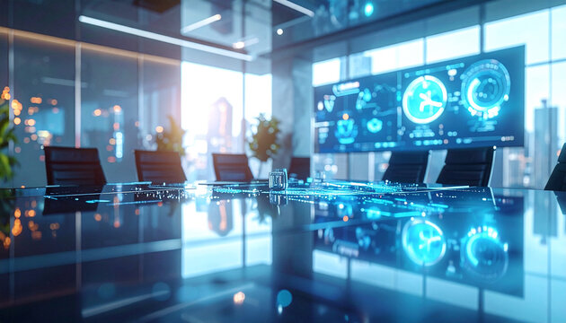 Modern Boardroom: A contemporary boardroom, bathed in futuristic blue light, complete with large screens displaying advanced technology and a sleek, reflective table.