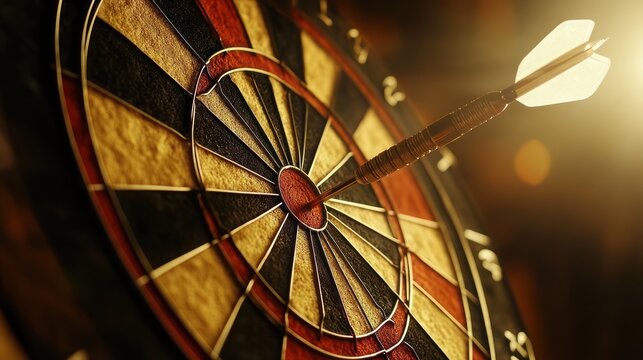 Close-up dart hitting dartboard center, successful aim