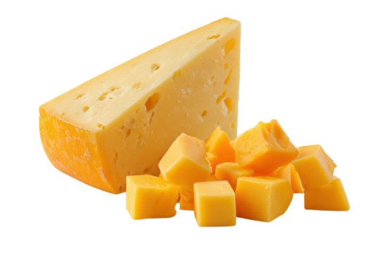 Wedge of yellow cheese with scattered cubes on black background food dairy, Isolated On Transparent Background, Png Cut Out