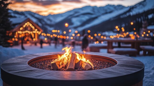 Winter fire pit at mountain resort