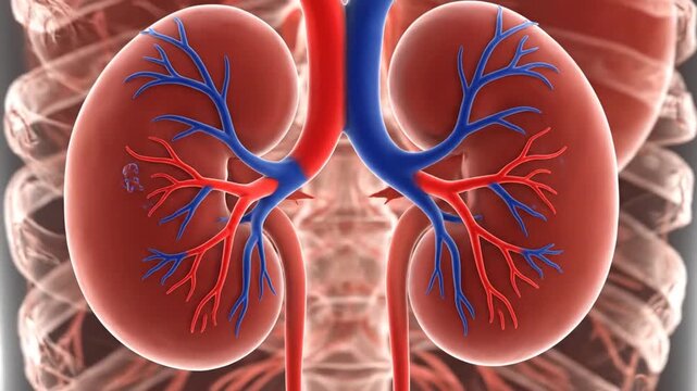 Detailed Medical Illustration of Human Kidneys and Adrenal Glands with Red and Blue Blood Vessels on a Transparent Body Background for Educational and Informational Purposes 3D Rendering