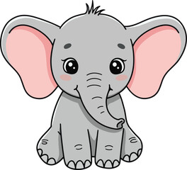 Obraz premium Adorable cartoon baby elephant illustration. Sweet grey animal character with big pink ears, perfect for kids' designs, nursery decor, or whimsical wildlife themes