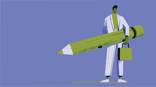 Businessman in a suit holding a large pencil