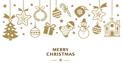 Naklejka premium Merry Christmas Type Gold Decoration Ornaments Border on transparent Background. Christmas Bauble Ornaments Gold transparent Background.