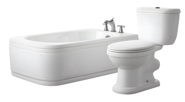 Clean white bathtub and toilet set against a black background.