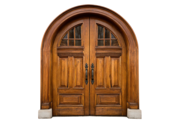 Ornate arched wooden double doors with glass panes and dark metal handles image, Isolated On Transparent Background, Png Cut Out