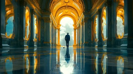 Man walking through grand architectural hall with reflections