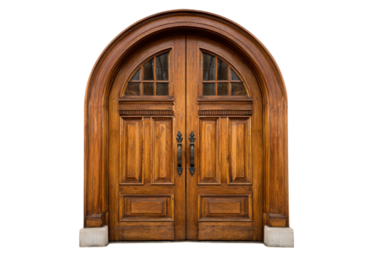 Ornate arched wooden double doors with glass panes and dark metal handles image, Isolated On Transparent Background, Png Cut Out