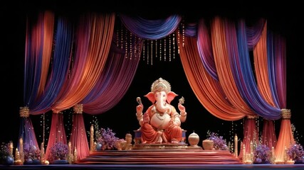 A vibrant scene of a Hindu deity seated on a tiered platform, draped in jewel-toned fabrics