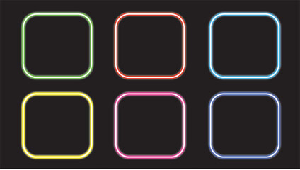Six rounded square frames with colorful neon light borders on black background
