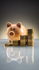 A piggy bank sits next to stacks of gold coins, symbolizing savings and financial growth.