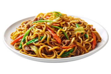 White plate of stir fried noodles with beef and vegetables on black background image, Isolated On Transparent Background, Png Cut Out