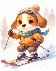 スキー場を滑るビーグルの冬の水彩イラスト
Beagle Skiing on a Snowy Mountain &ndash; Cute Winter Watercolor Illustration
