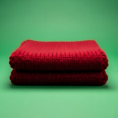 A neatly folded red knitted blanket placed on a vibrant green background, showcasing texture and color contrast in a simple still life composition