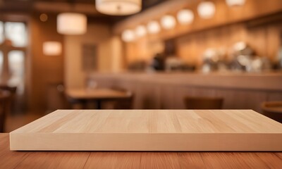 Warm inviting restaurant interior with empty wooden table ready for product showcase or food display, perfect for menus and promotions now
