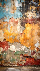 Fototapeta premium A weathered wall featuring layers of peeling paint in various shades, revealing rusted metal beneath, creating a textured, vintage aesthetic.