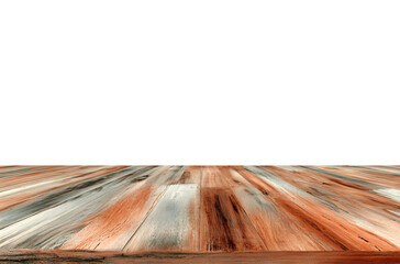 Weathered wooden floorboards recede into a dark void.