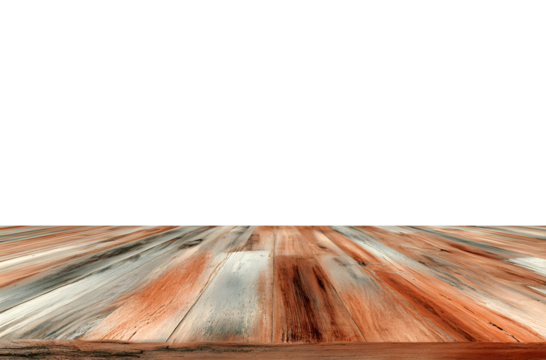 Weathered wooden floorboards recede into a dark void.