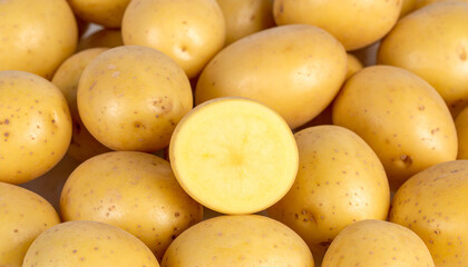 Fresh whole and halved potatoes on a plain background