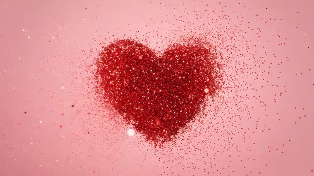 A heart shape formed from red glitter particles exploding on a soft pink background