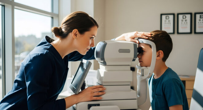 Woman ophthalmologist examining boy eye with autorefractor. Pediatric vision test. Child eye care, health care.