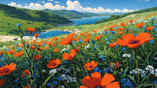 Vibrant anime landscape illustration featuring a hillside blooming with orange poppies and colorful wildflowers overlooking a tranquil blue lake under a clear sky.