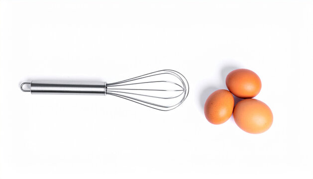 Whisk and eggs isolated on a white background, representing a cooking or baking ingredient