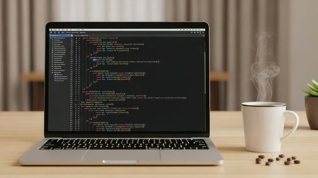 Laptop displaying code with a steaming cup of coffee and coffee beans on a wooden desk