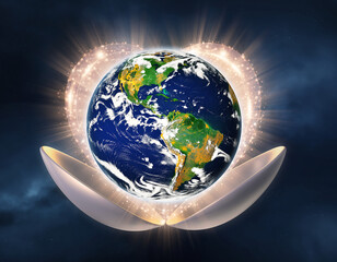 A glowing Earth globe held in cupped hands, surrounded by a sparkling heart-shaped aura, representing environmental protection.