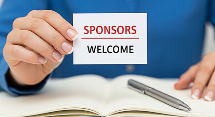 Woman welcomes sponsors with a card over an open notebook and pen on a desk in a professional setting for business partnerships