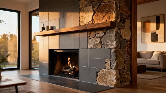 Medium shot showcasing a stylish fireplace facade combining rustic stone with clean modern tile work in an openconcept room.