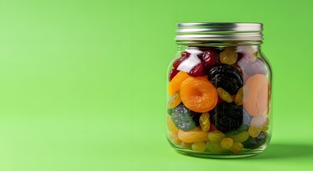 A glass jar filled with colorful assorted candies placed on a vibrant green background for a sweet treat display