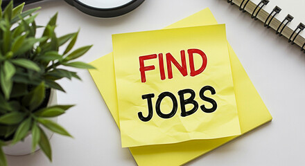 Yellow sticky note with the words "Find Jobs" in red and black on a desk with a plant and notebook for career and employment search