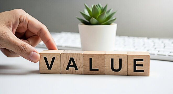 Hand places wooden blocks spelling value near a succulent plant and keyboard on a white desk creating a clean and minimalist aesthetic - Powered by Adobe