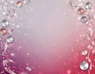 Aesthetic pink Christmas background with glitter sparkles and rose-gold ornaments in dreamy style