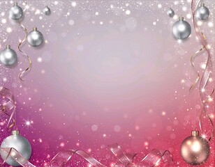 Aesthetic pink Christmas background with glitter sparkles and rose-gold ornaments in dreamy style
