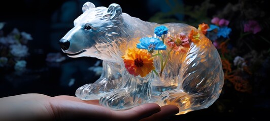A snow bear , a small creature made of glass that is sitting in the palm of your hand,generative AI