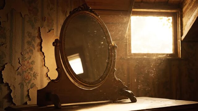 Oval Golden Frame Mirror on Wooden Dresser with Window Light, Grunge Wall, Dark Room, Nostalgic and Moody Ambiance with Sunlit Interior in an Abandoned Building Setting