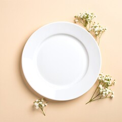 A pristine white plate adorned with a vibrant arrangement of colorful flowers, showcasing delicate petals and lush greenery, creating a cheerful centerpiece.